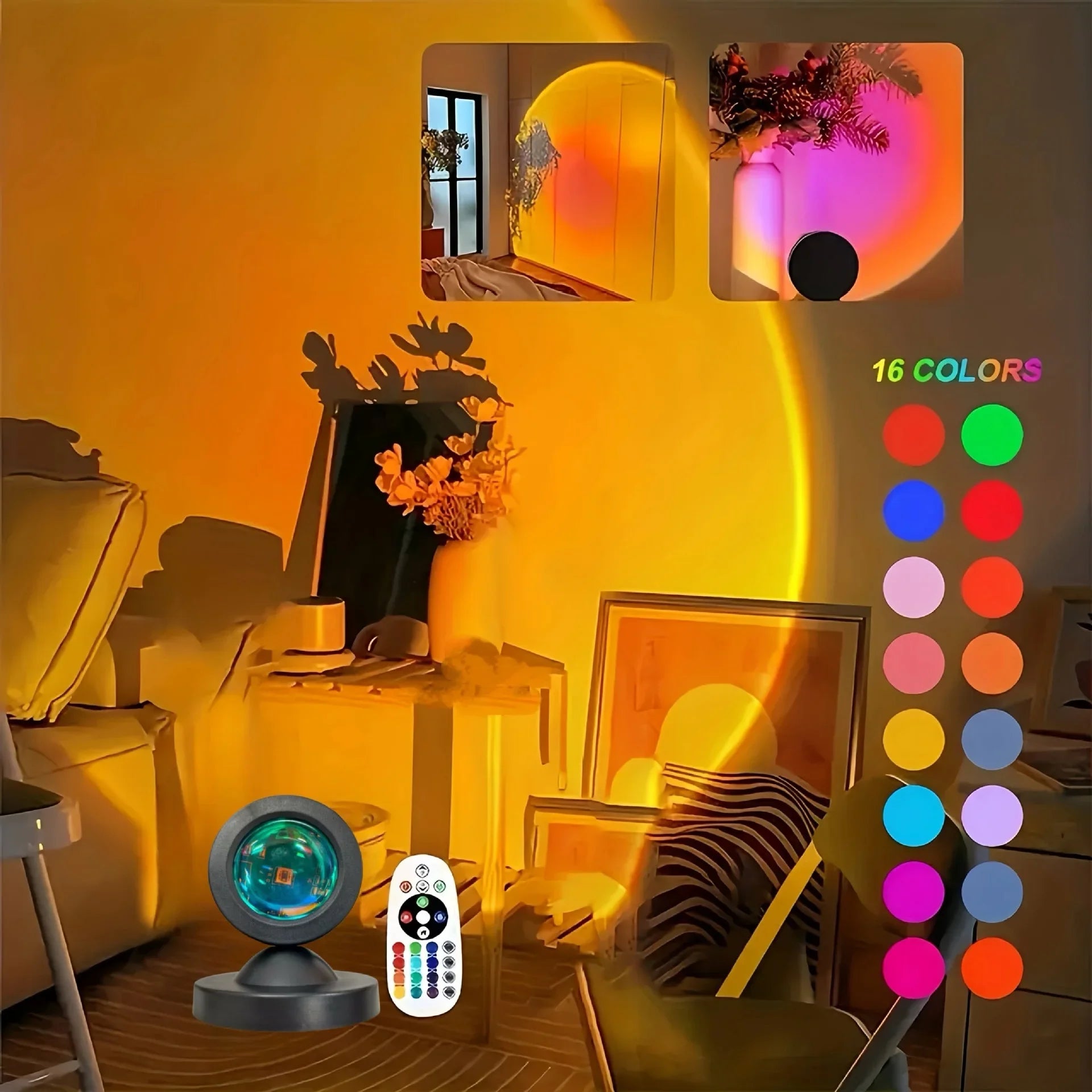 Lampe projecteur LED effet coucher de soleil, 16 couleurs, télécommande, USB, ambiance cosy pour chambre.